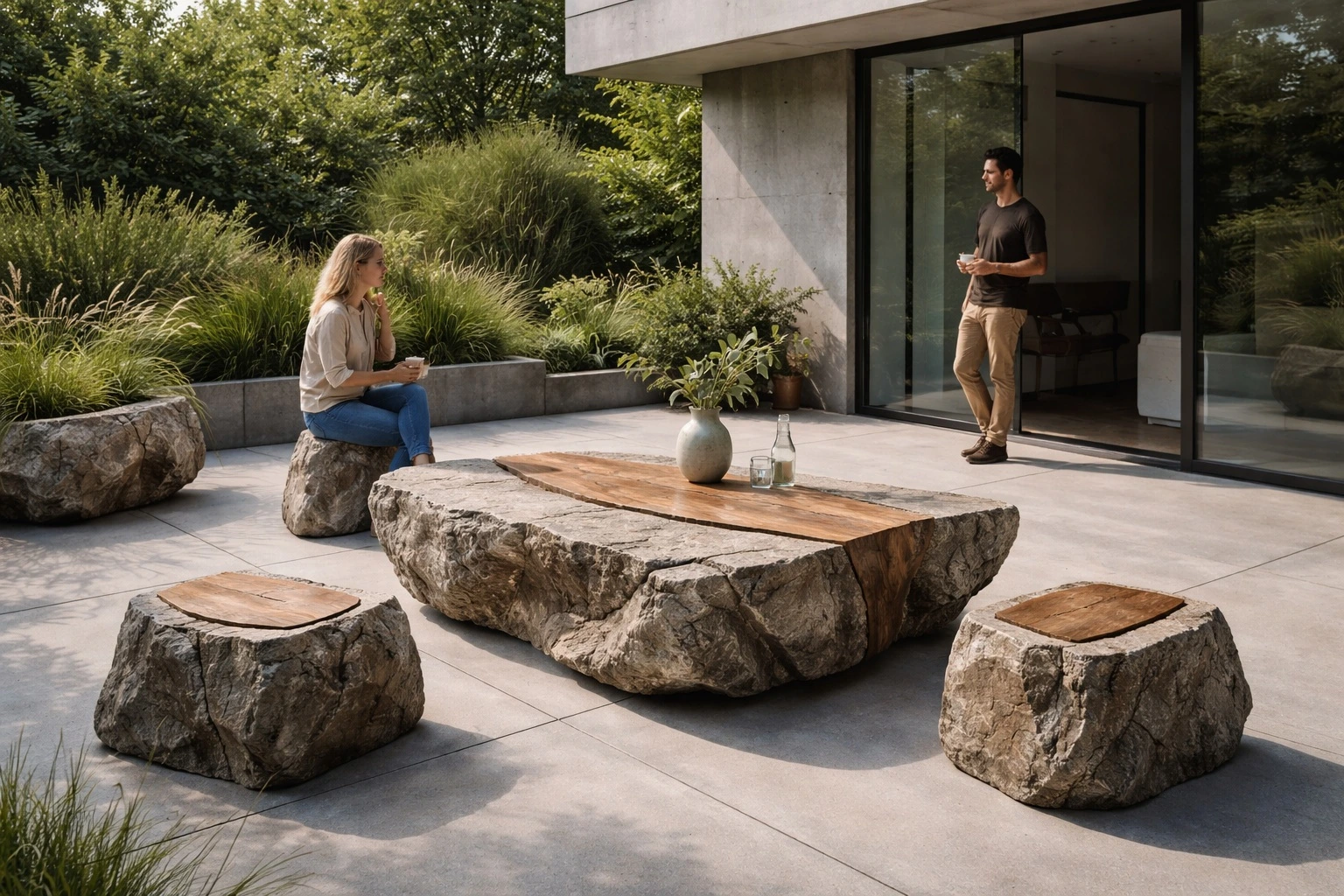 Monolitický konferenčný stolík s taburetkami a drevenými detailmi v exteriéri