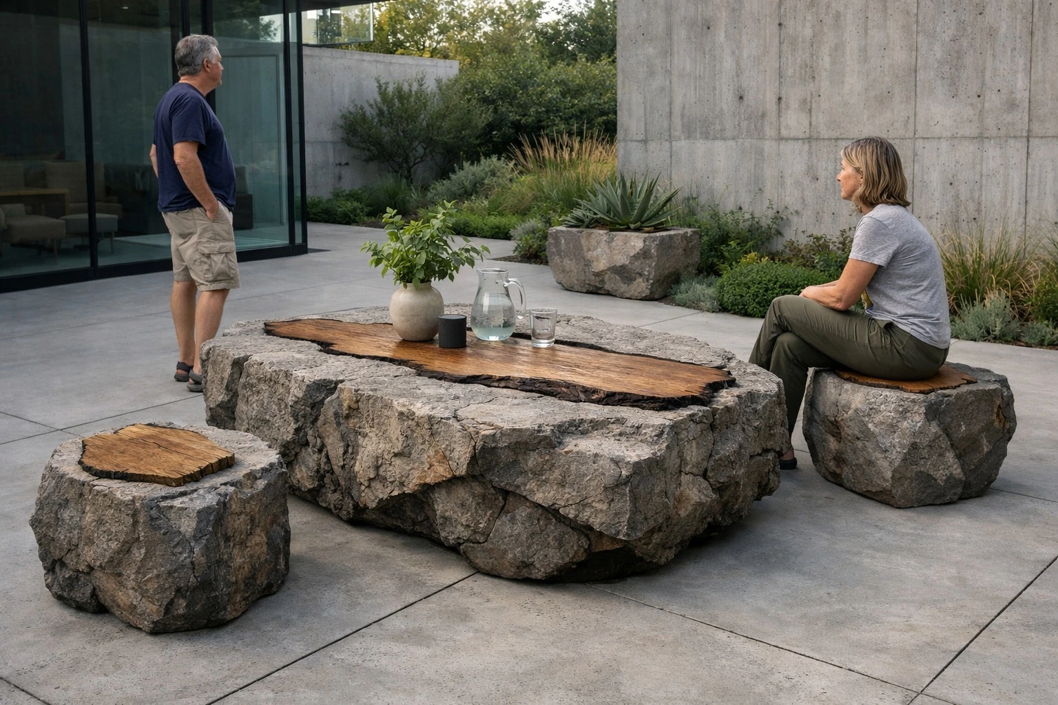 Monolitický konferenčný stolík s drevom na modernej terase