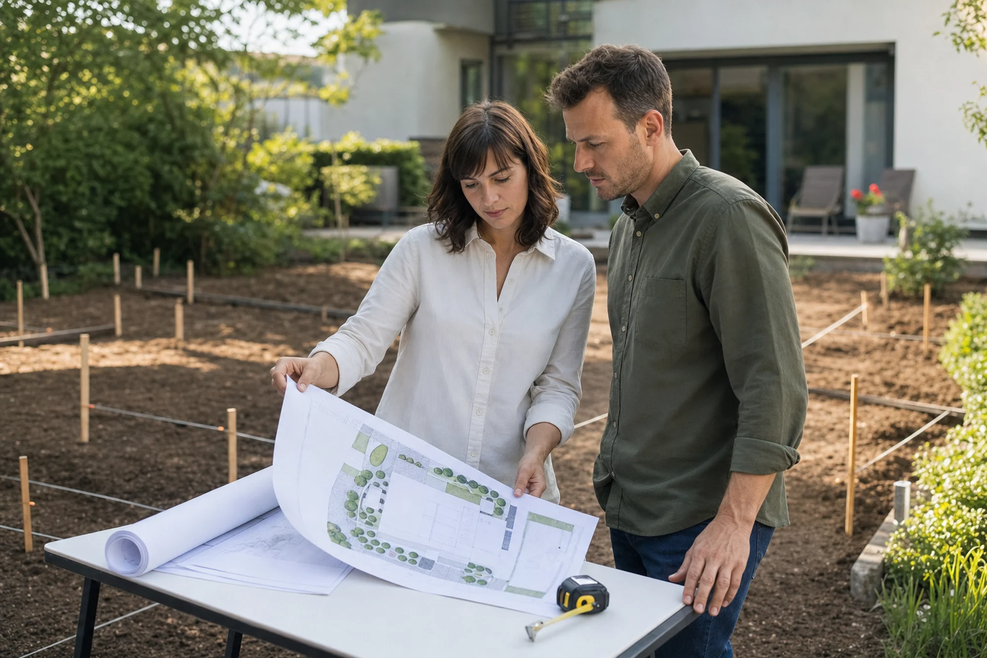 Záhradný architekt kontroluje projekt záhrady pred prvým výkopom