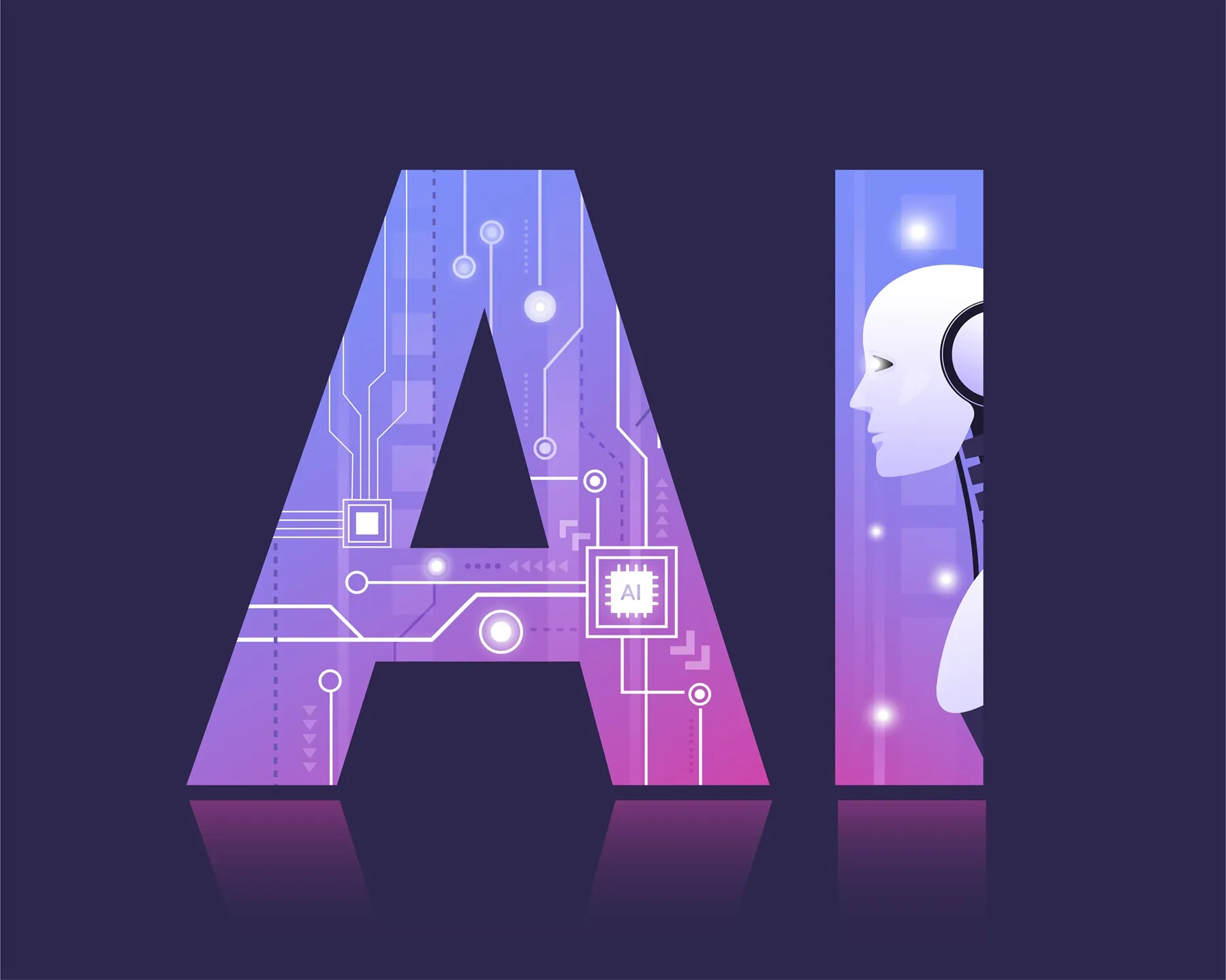 Grafická ilustrácia umelej inteligencie s nápisom AI a robotickou hlavou