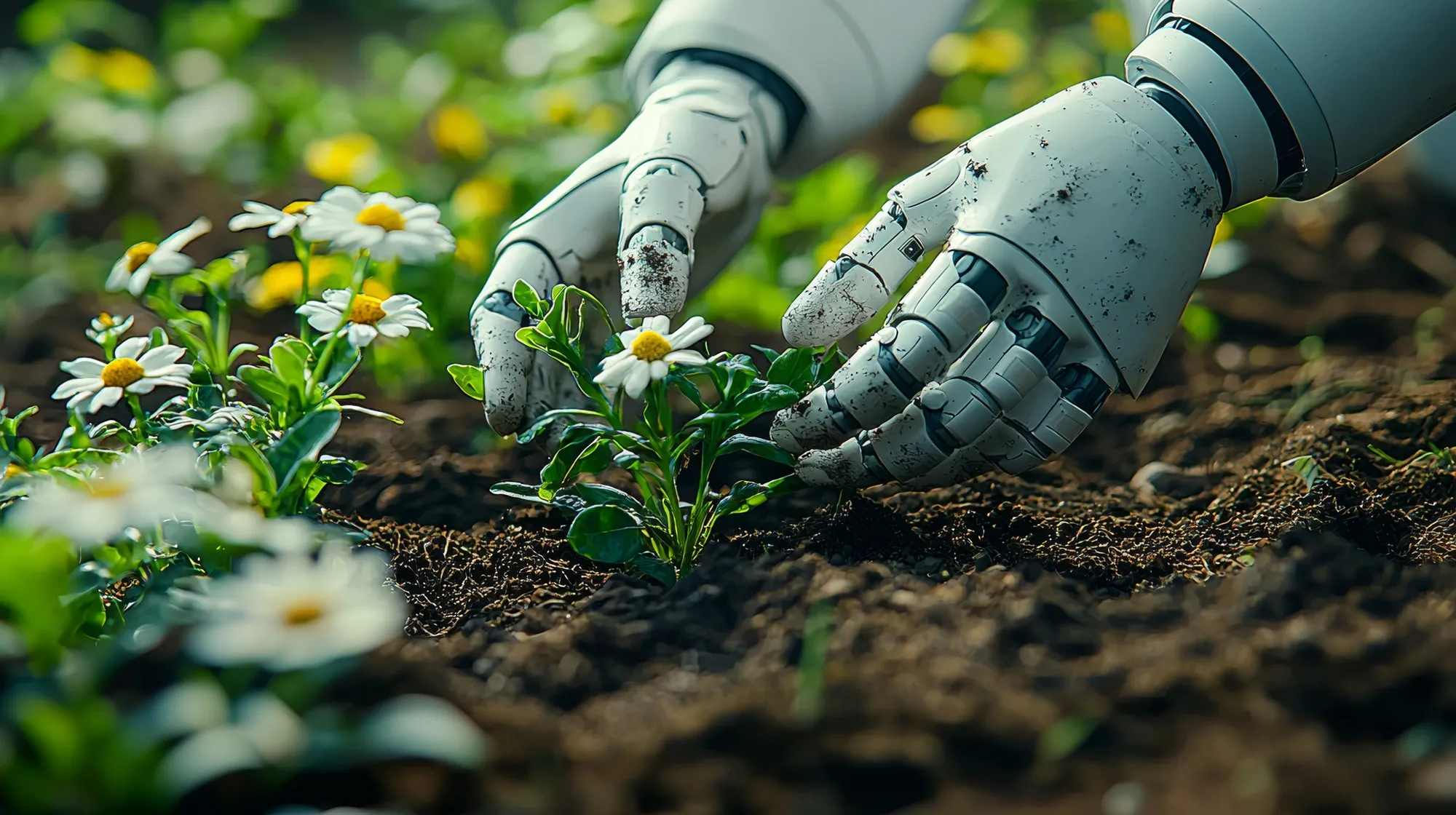 Robotické ruky sádzajú kvety v záhrade – umelá inteligencia v záhradníctve