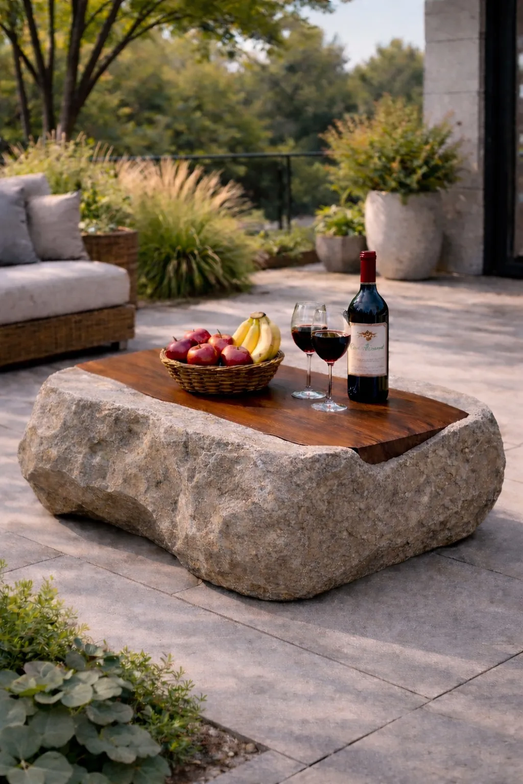 Záhradný konferenčný stolík v tvare kamenného monolitu s drevenou doskou