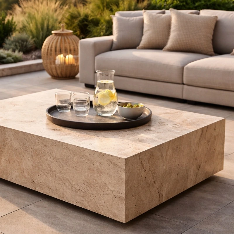 Monolitické konferenčné stolíky z kameňa a dreva