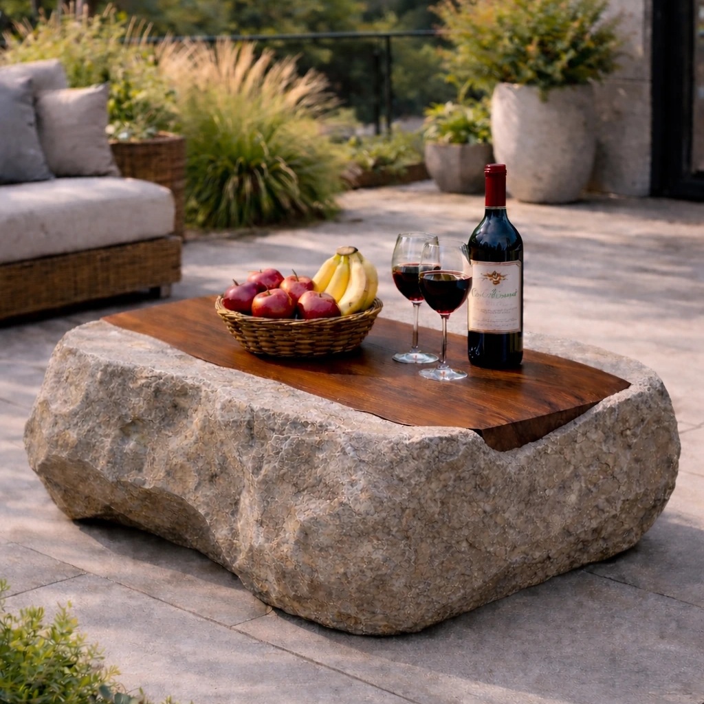 Konferenčný stolík z kameňa a dreva