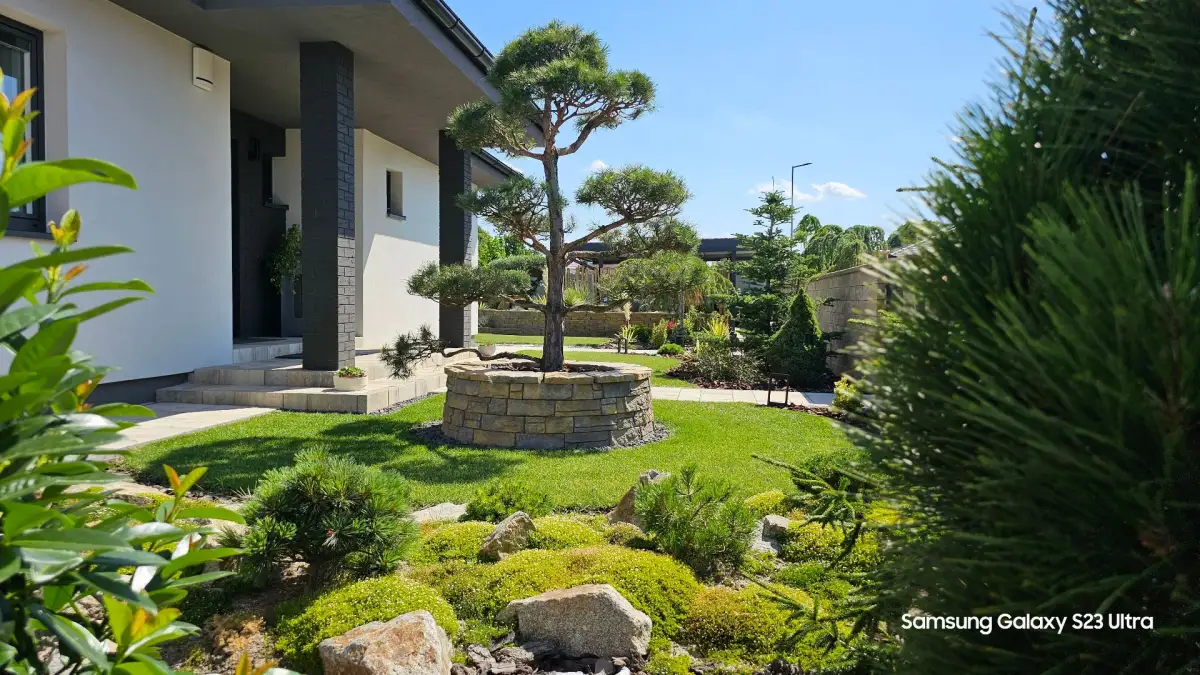 Hotová moderná záhrada v Kvetoslavove – celkový pohľad na realizáciu a výsadbu