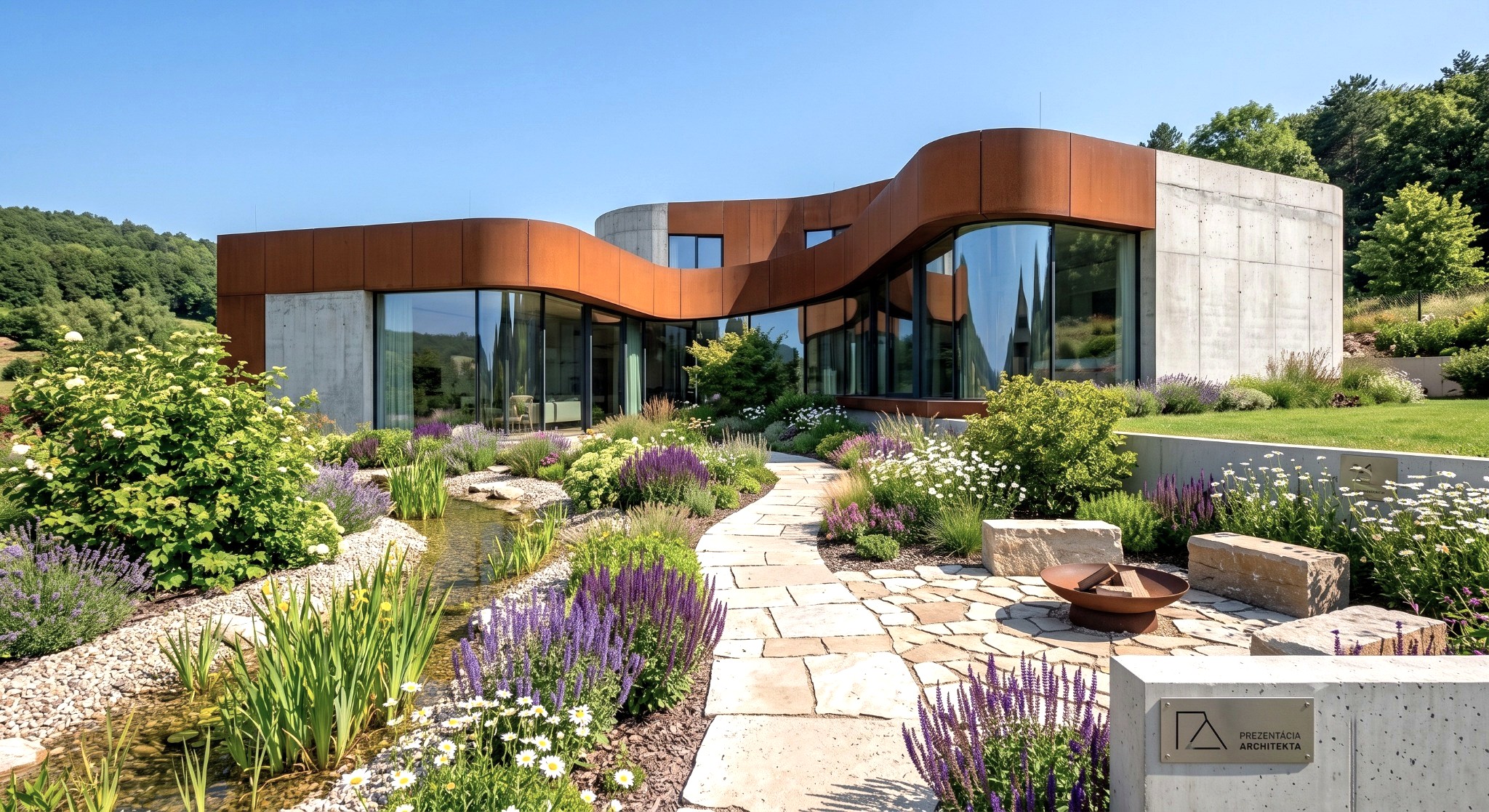 Architektonická štúdia exteriéru s moderným domom, chodníkom, výsadbou a pobytovou záhradou