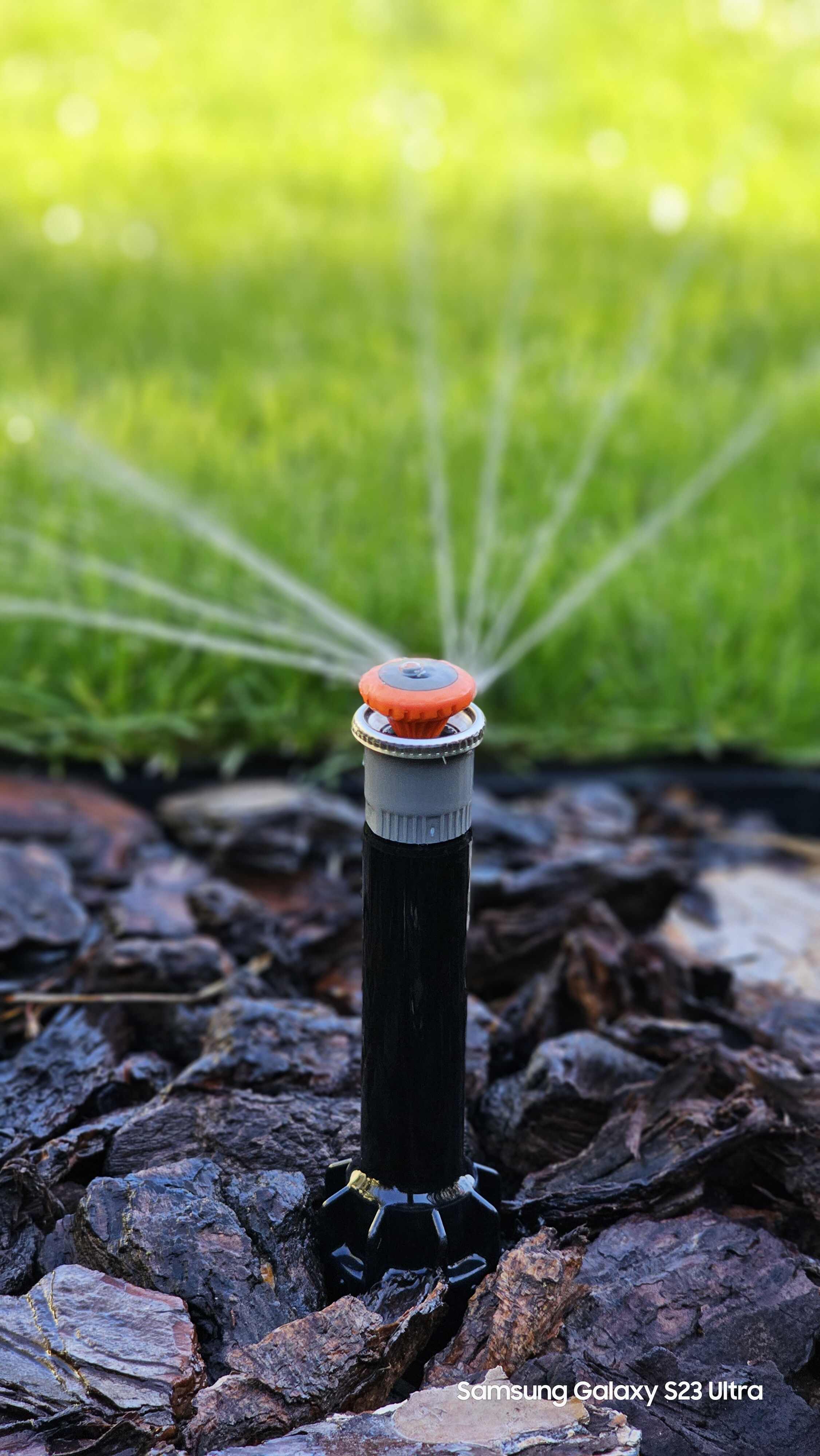 Detail výsuvného postrekovača v prevádzke pri okraji záhona s kôrou