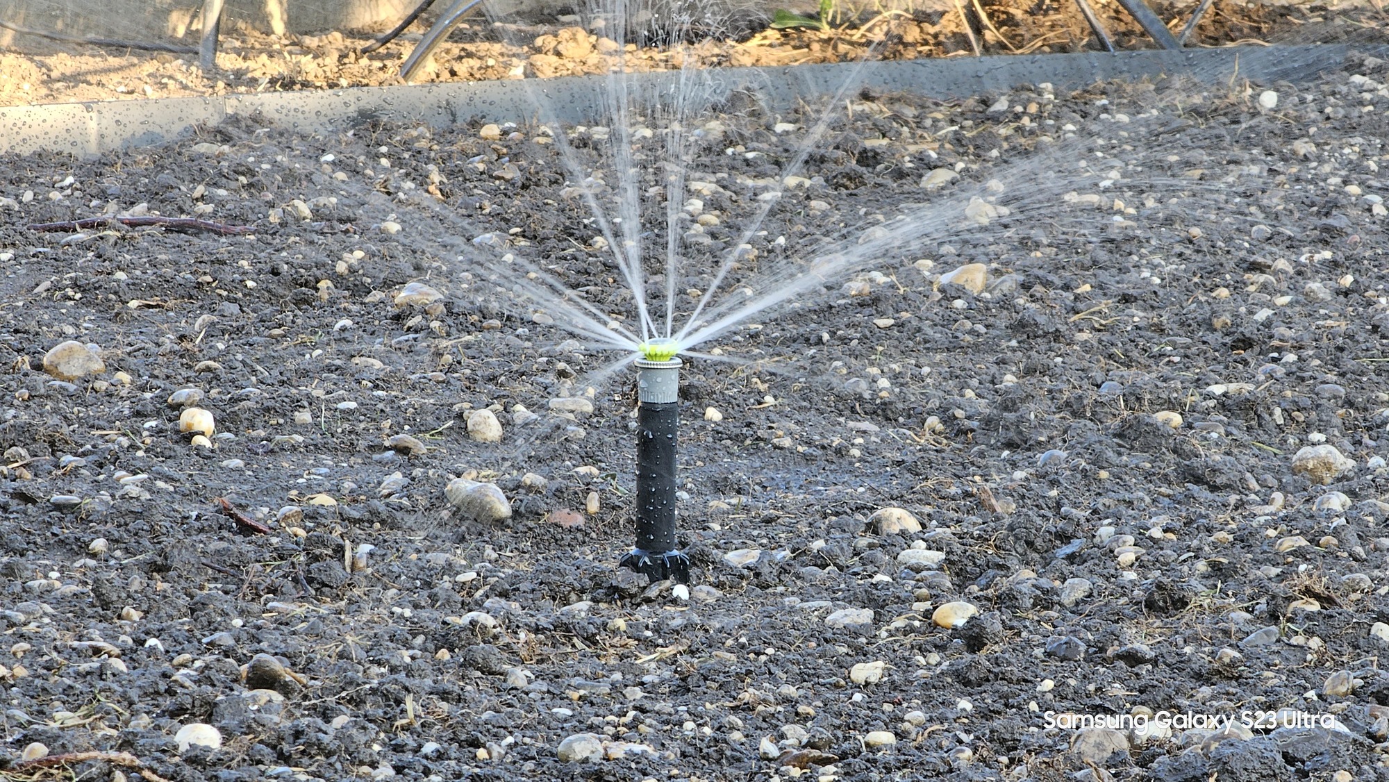 Testovanie výsuvného postrekovača na čerstvo zarovnanej zemine pred výsevom trávnika