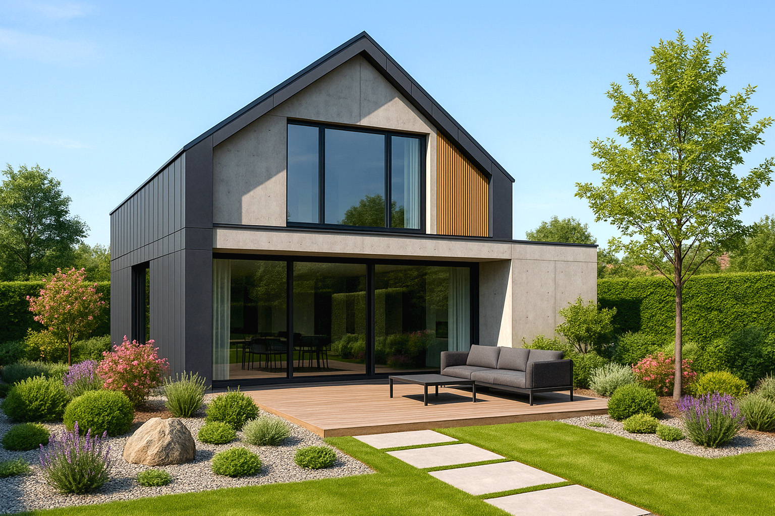 Návrh záhrady v obci Bernolákovo – funkčné zóny, spevnené plochy a záhony pri dome