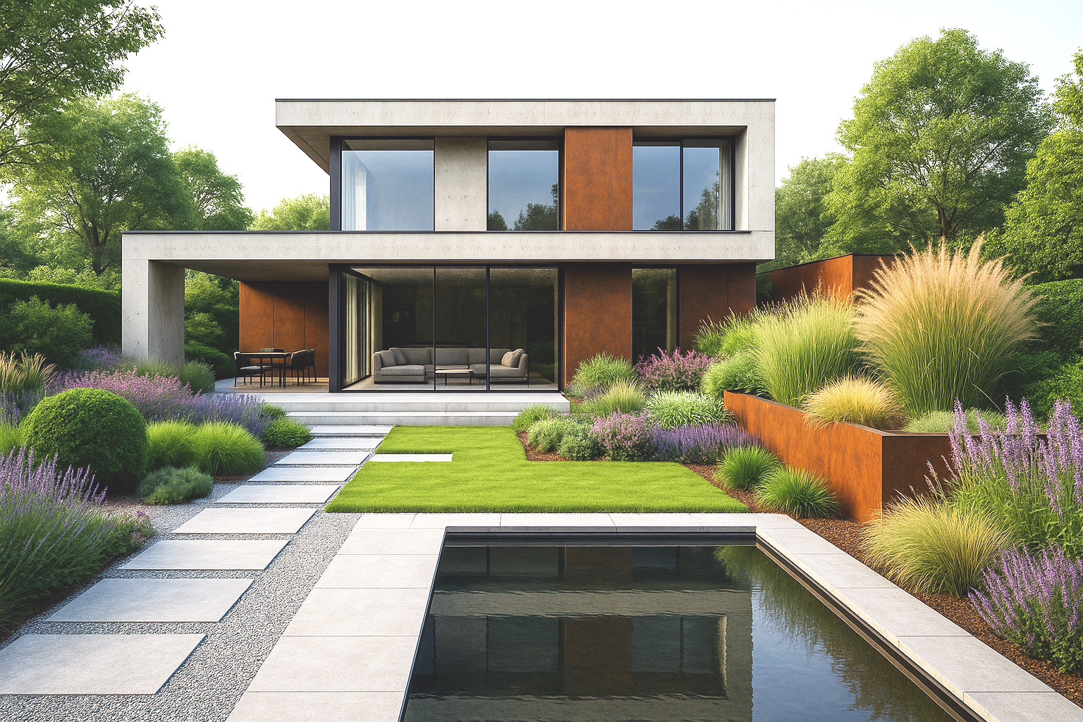 Návrh záhrady v obci Biely Kostol – moderná dispozícia a výsadba okrasnej záhrady