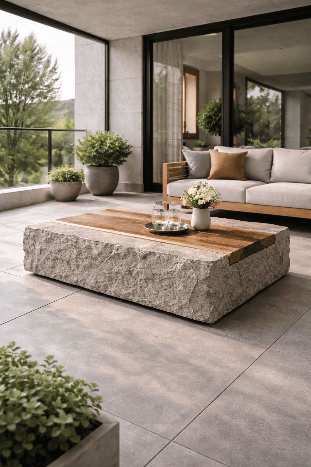 Detailný pohľad na precízne opracovaný kamenný stôl, ktorý dizajnovo nadväzuje na architektúru vily