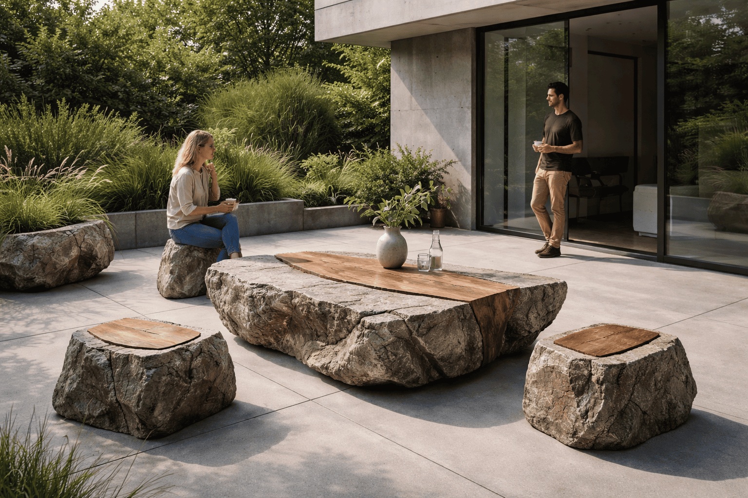 Kompletná exteriérová zostava atypického kamenného sedenia navrhnutá ako umelecký solitér záhrady